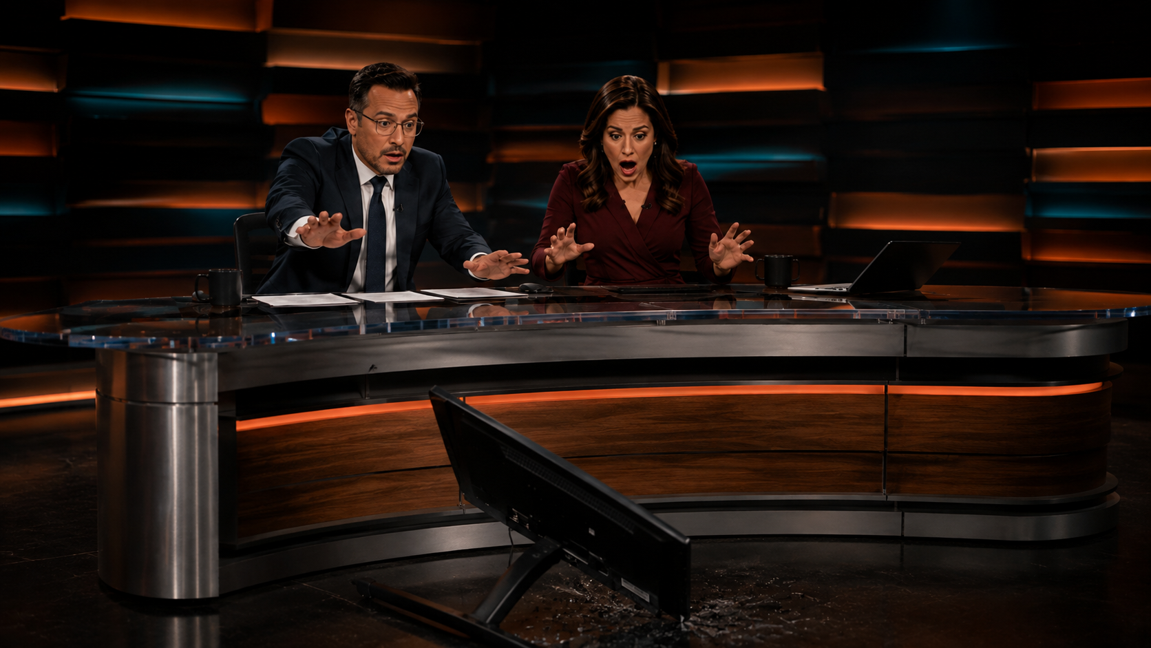 Moderatoren im TV-Studio reagieren erschrocken auf das heruntergefallene Notebook